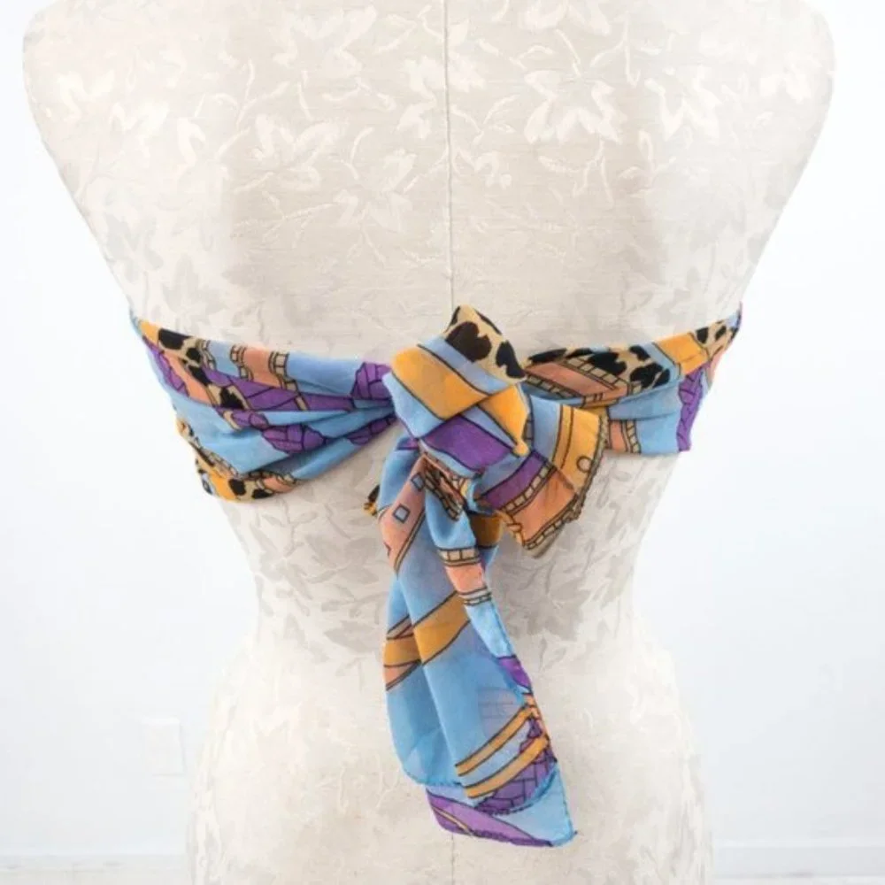 Vintage Scarf 80s 90s OS Silk Chiffon Fashion Graphic Print Blue - Picture 9 of 12
